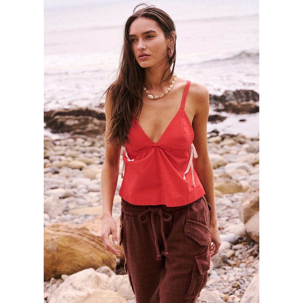 Free People Free-est Fields of Love Top M Red Babydoll Cami V-Neck Side Tie